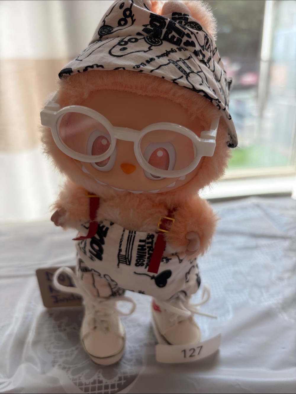 127, 4 Piece Outfit W/White Glasses &white mini sneakers for Labubu Doll(No Doll